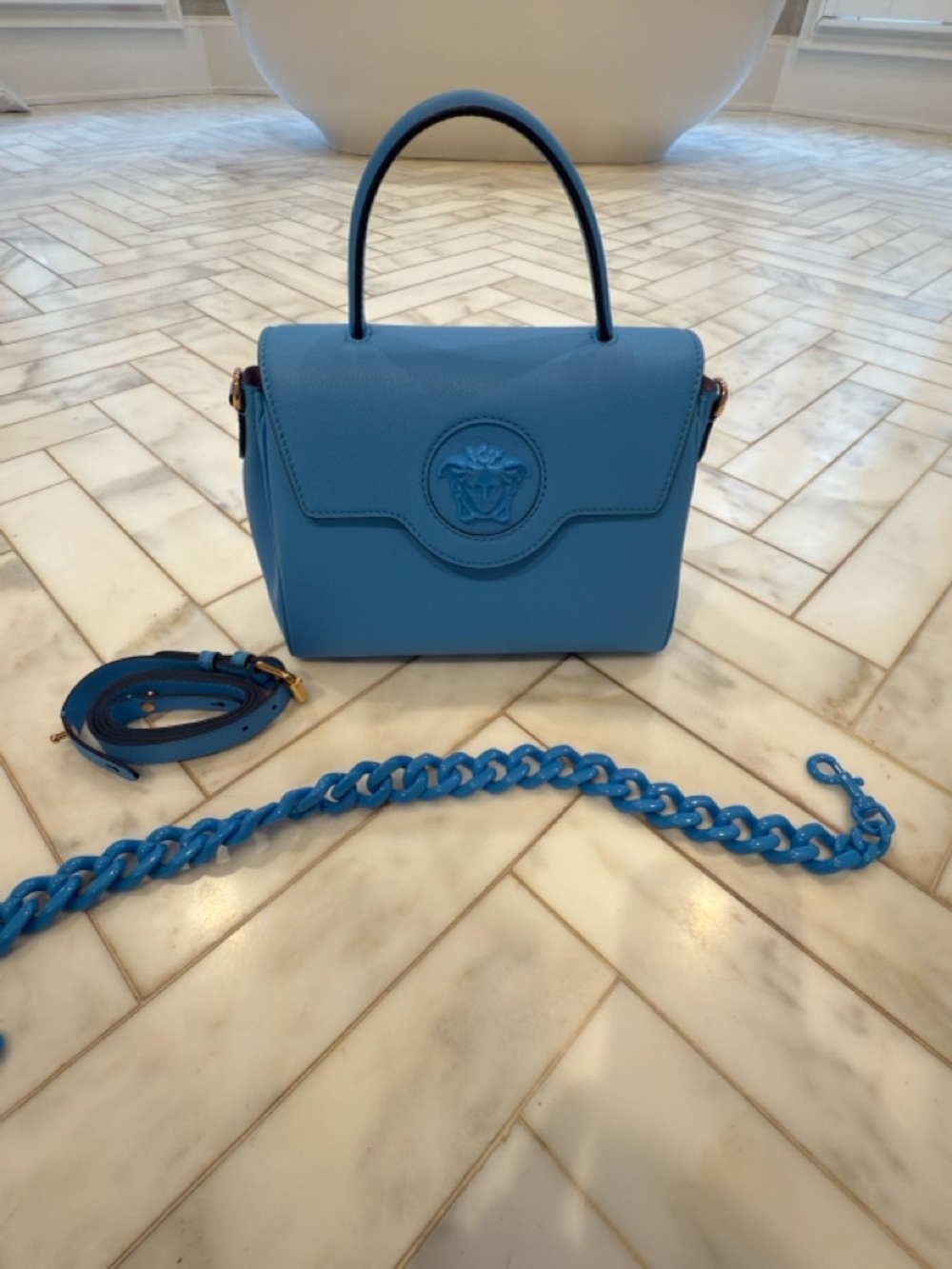 Versace Sky Blue Leather Top-Handle Satchel with Chain Strap